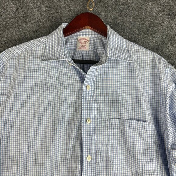 Brooks Brothers Shirt Mens 16.5 Madison Button Up Non Iron Blue White Check Cott - Picture 4 of 9